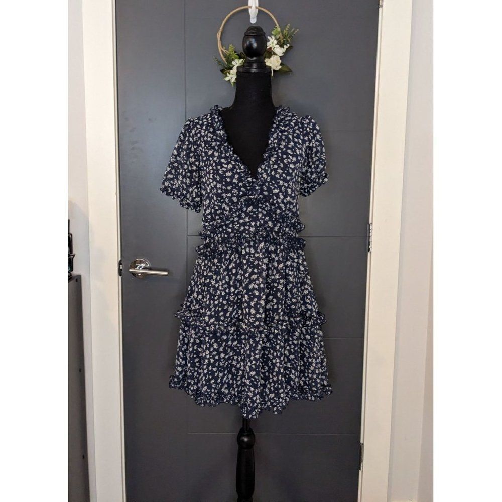 Altar'd State Blue and White‎ Floral Chiffon Ruffle Dress - M